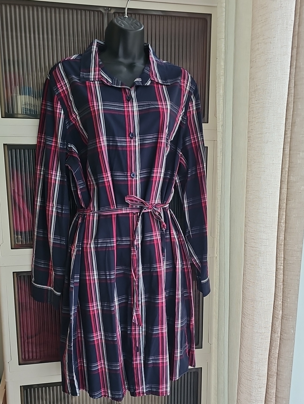 Tommy Hilfiger Navy and Pink Plaid Button-Front Midi Dress